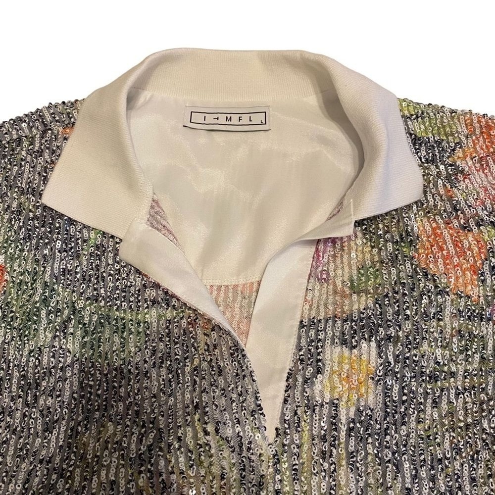 In The Mood For Love Sequin Floral Crop Top Linen Silk Boxy Collared L - Picture 10 of 16